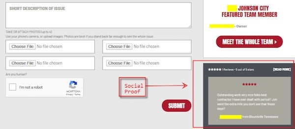 social proof on estimate form submission page