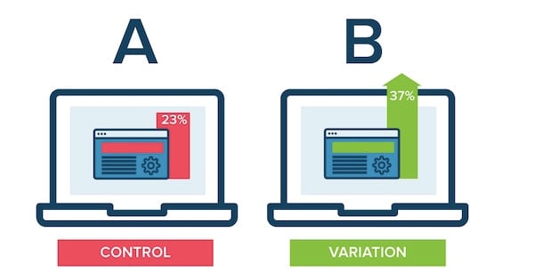 two laptops with red and green CTAs illustration