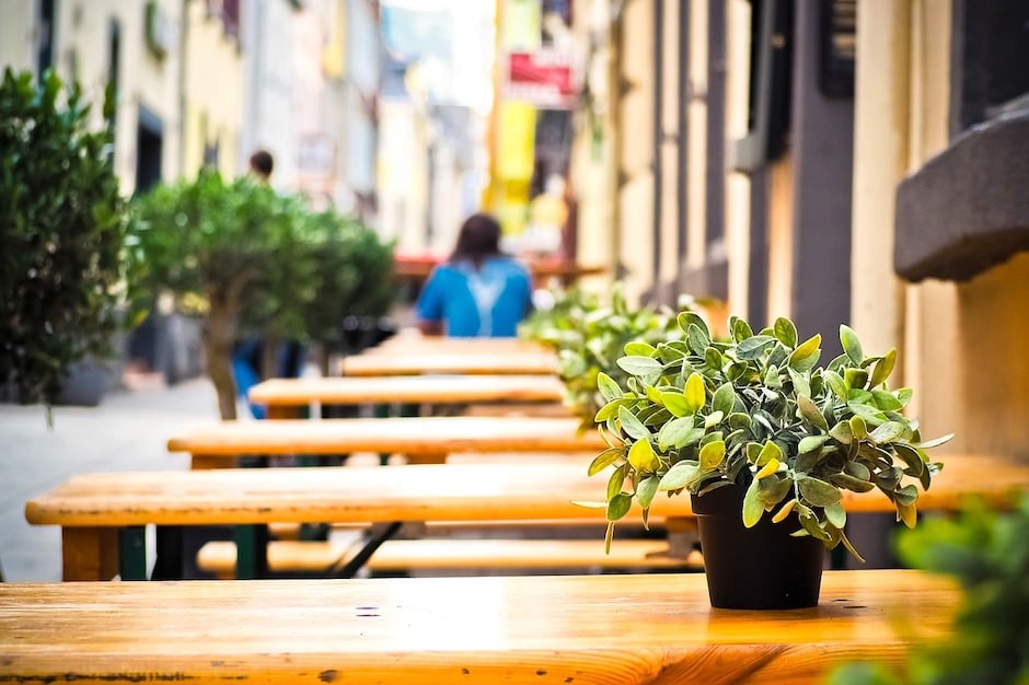 line of outdoor cafe tables with plants stretch out along narrow city street with man seated in background